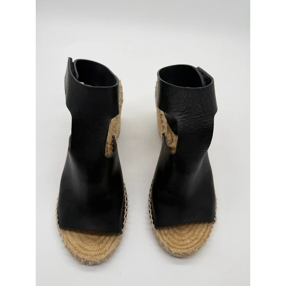 Celine Espadrille Wedge Sandals Womens 8 Black Leather Jute Platform Heel